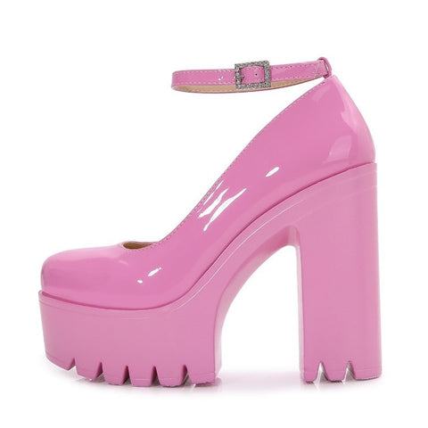 Pink Chunky Heeled Ankle Strap Pumps